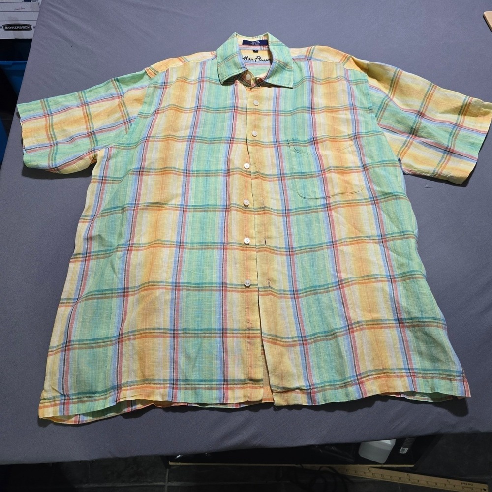 Alan Flusser Mens large Plaid Short Sleeve Button Up Shirt Linen Blend Casual